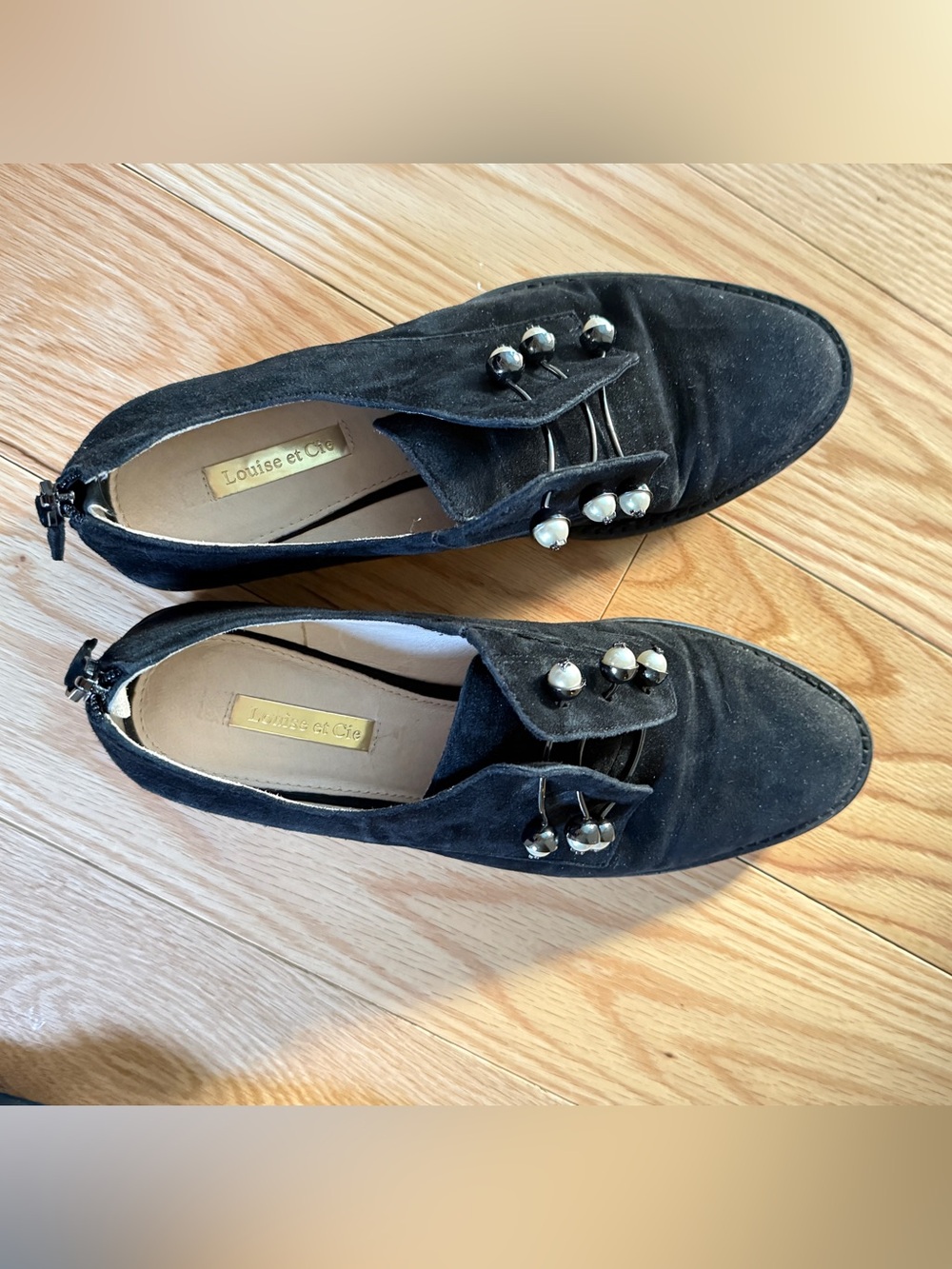 Louise et Cie Black Suede Loafers with Pearl & Gunmetal Bead Detail